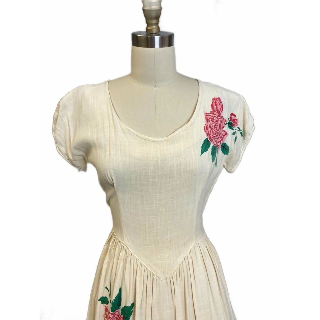 1940s Vintage Day Dress Ivory Roses Print On Front Rayon Sz M Rockabilly