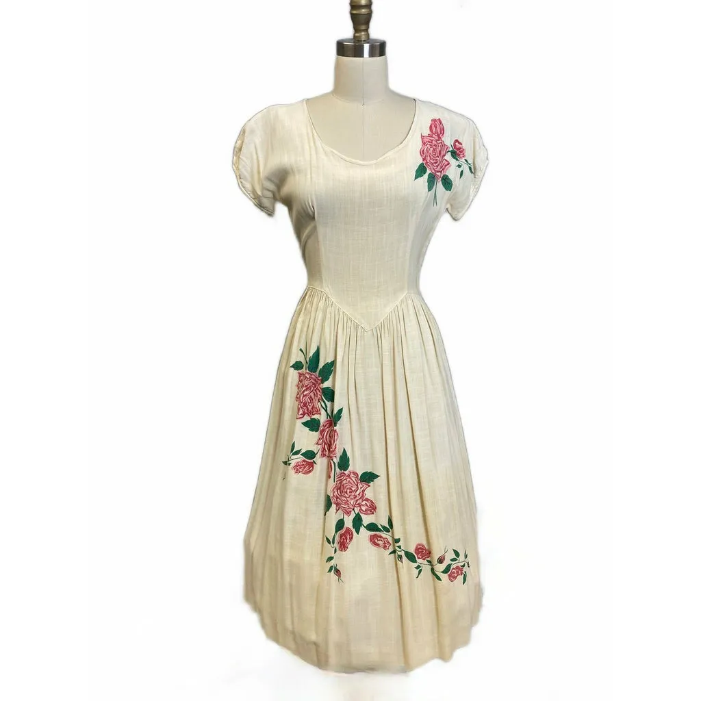 1940s Vintage Day Dress Ivory Roses Print On Front Rayon Sz M Rockabilly