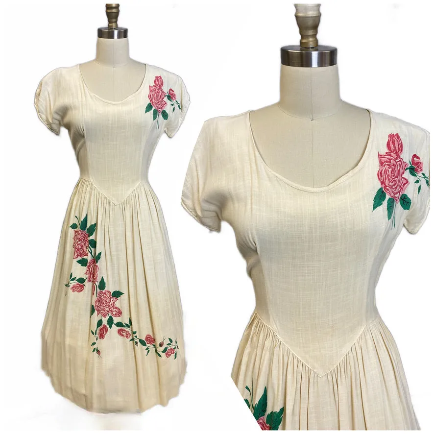 1940s Vintage Day Dress Ivory Roses Print On Front Rayon Sz M Rockabilly