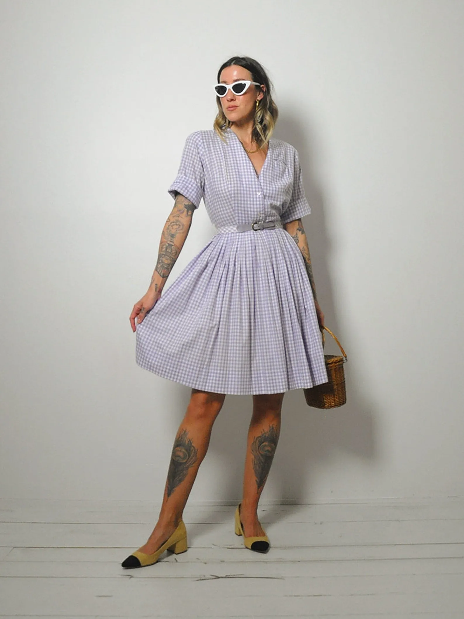 1950's Lavender Gingham Shirt Dress