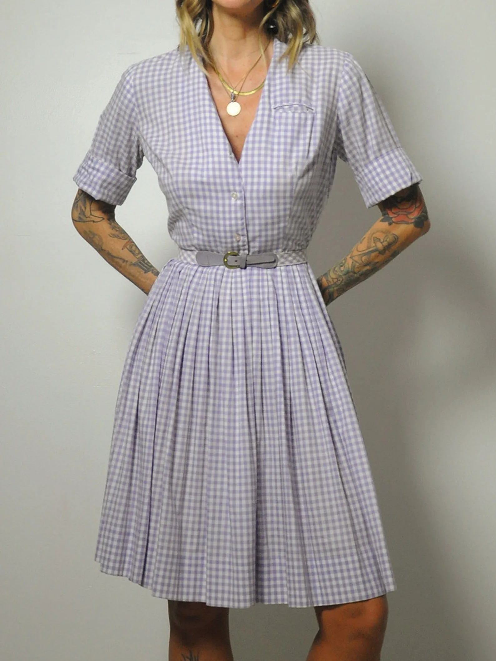 1950's Lavender Gingham Shirt Dress