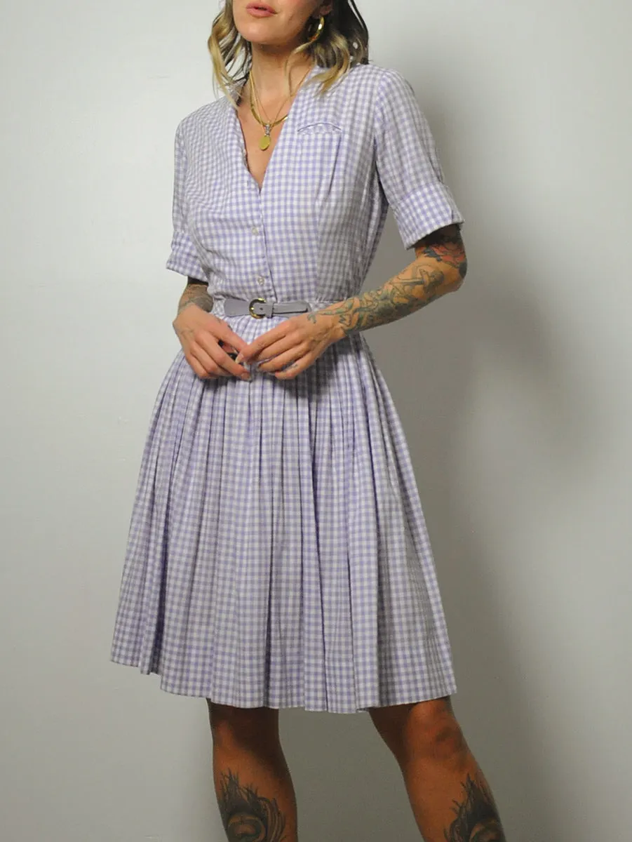 1950's Lavender Gingham Shirt Dress