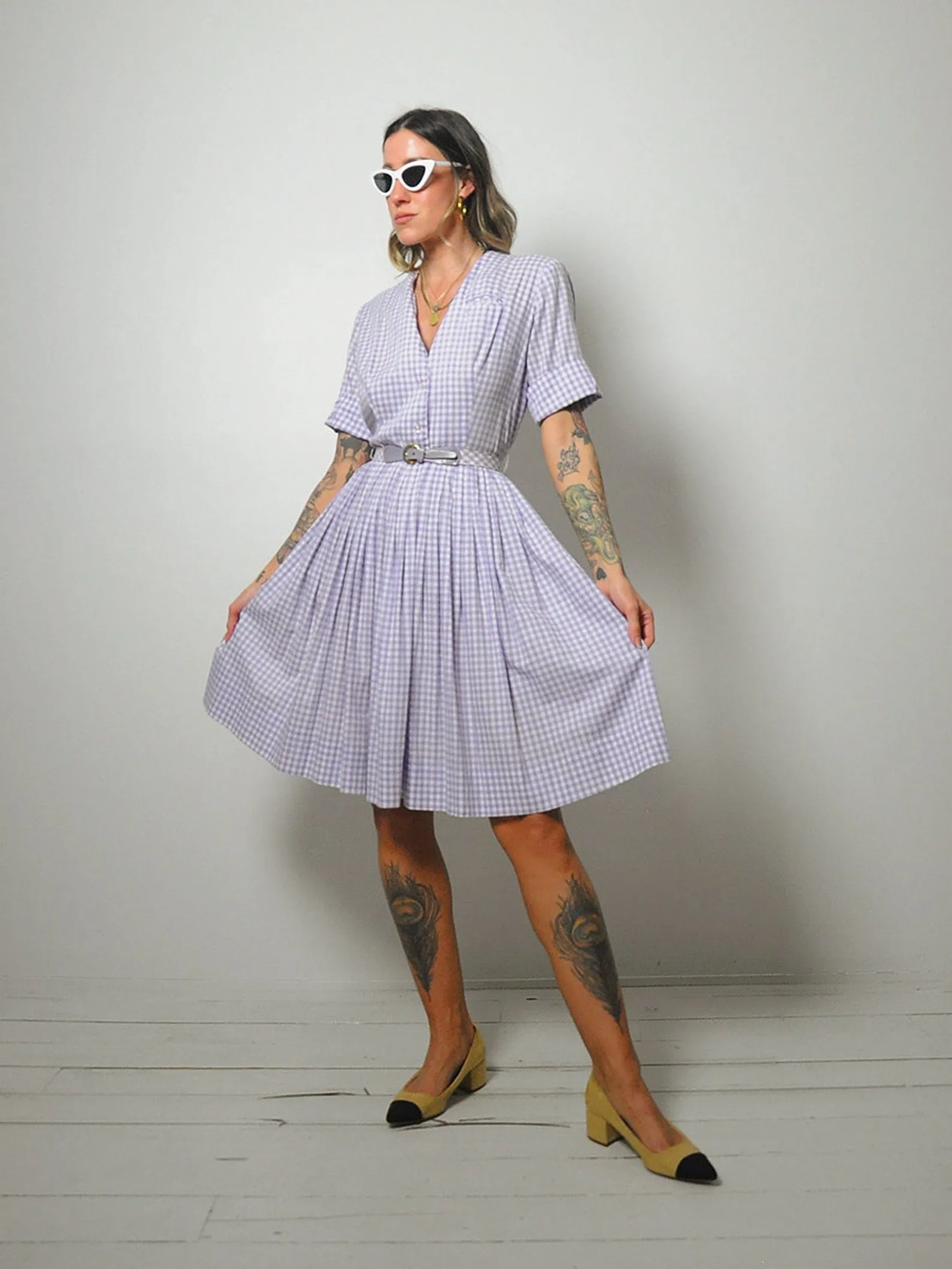 1950's Lavender Gingham Shirt Dress