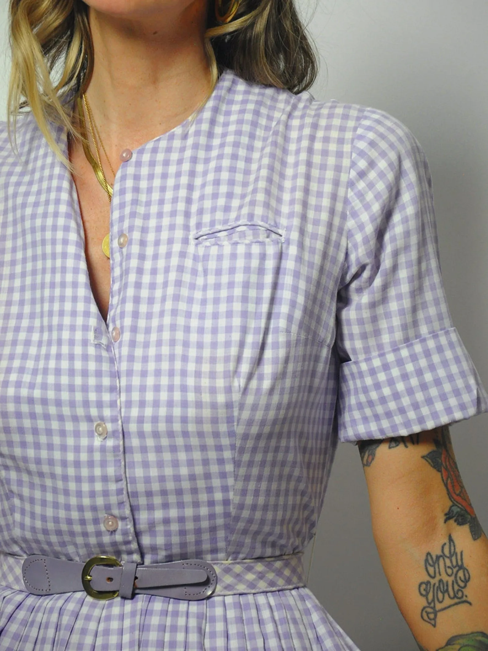 1950's Lavender Gingham Shirt Dress