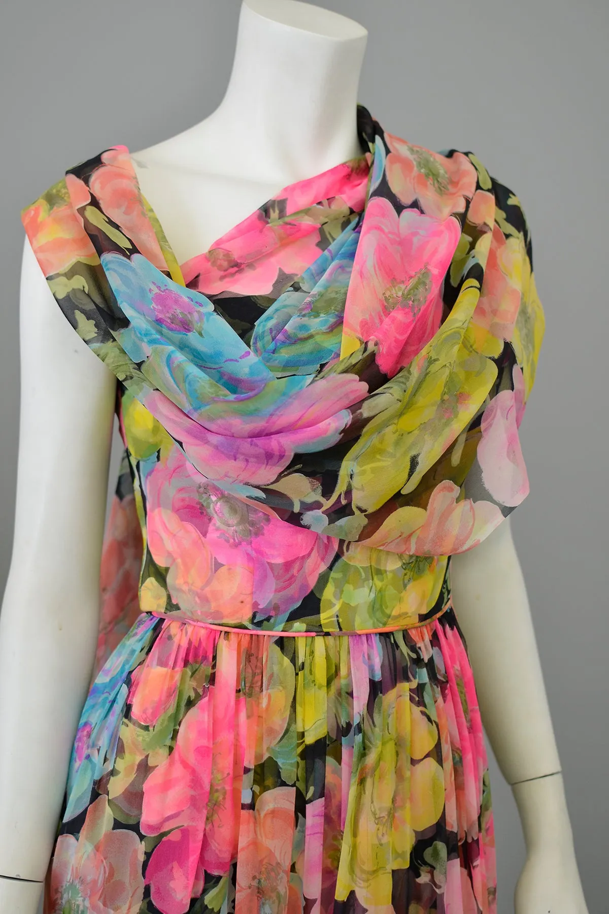 1960s Floral Print Chiffon Draping Goddess Gown Dress