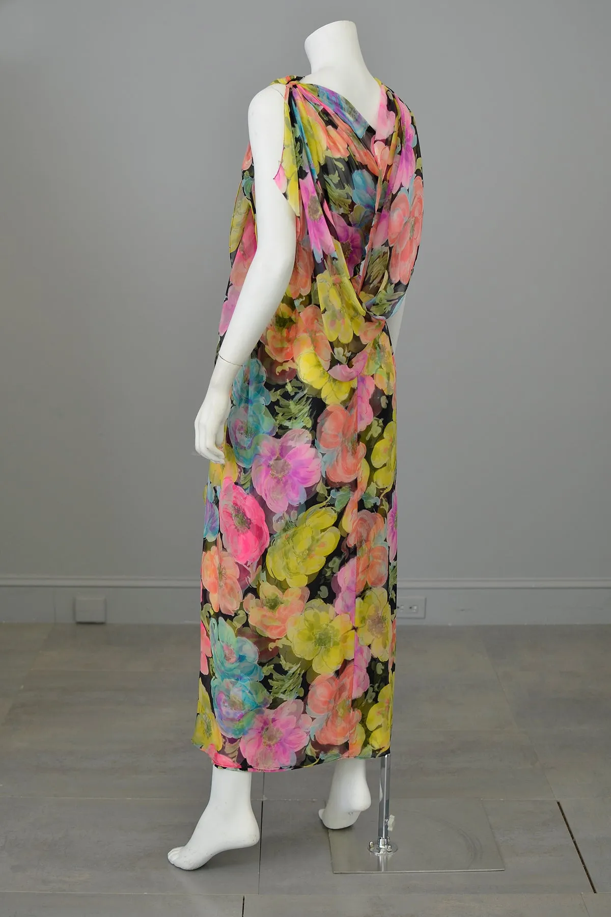 1960s Floral Print Chiffon Draping Goddess Gown Dress