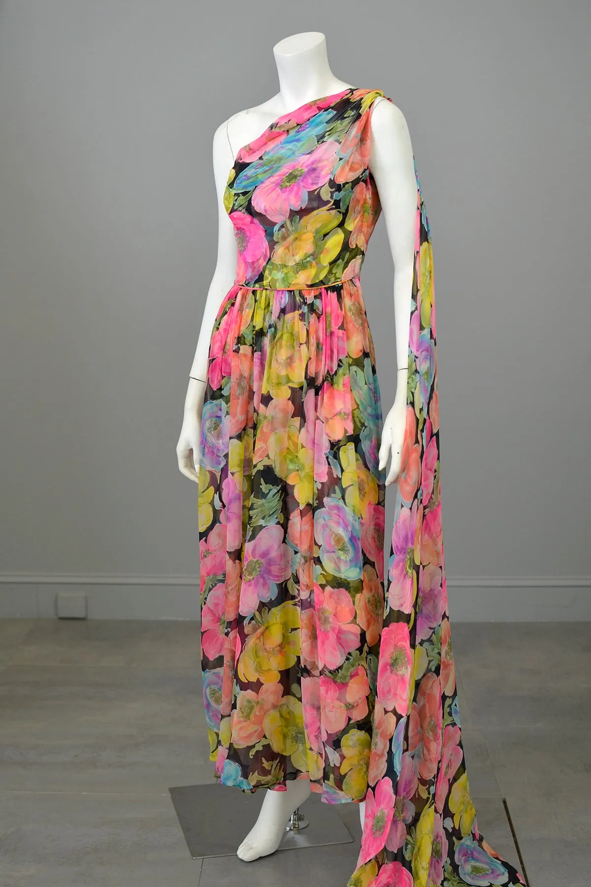 1960s Floral Print Chiffon Draping Goddess Gown Dress