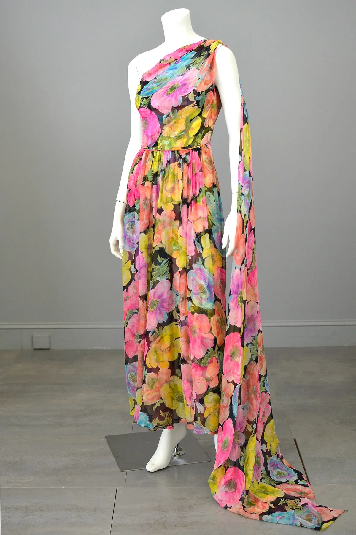 1960s Floral Print Chiffon Draping Goddess Gown Dress