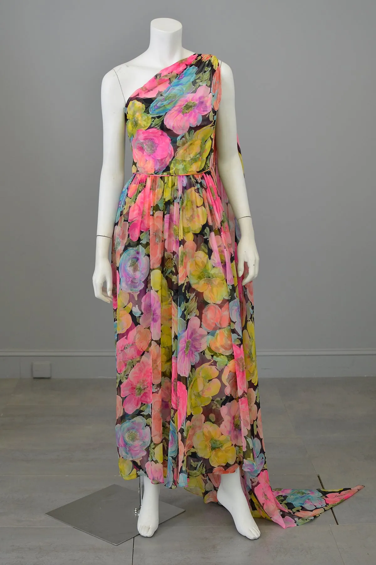 1960s Floral Print Chiffon Draping Goddess Gown Dress