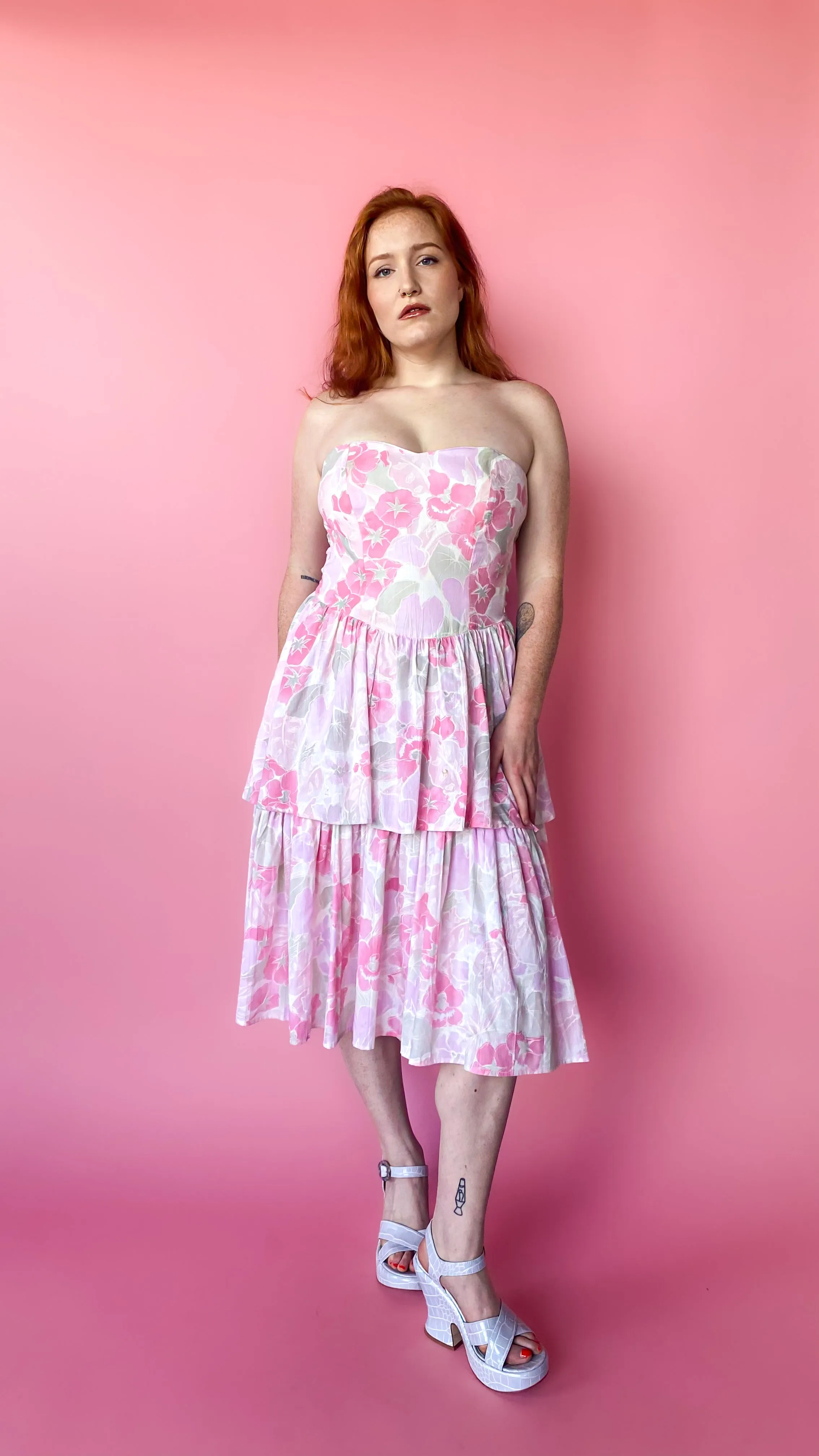 1980s Pink Sweetheart Floral Dress, sz. S/M