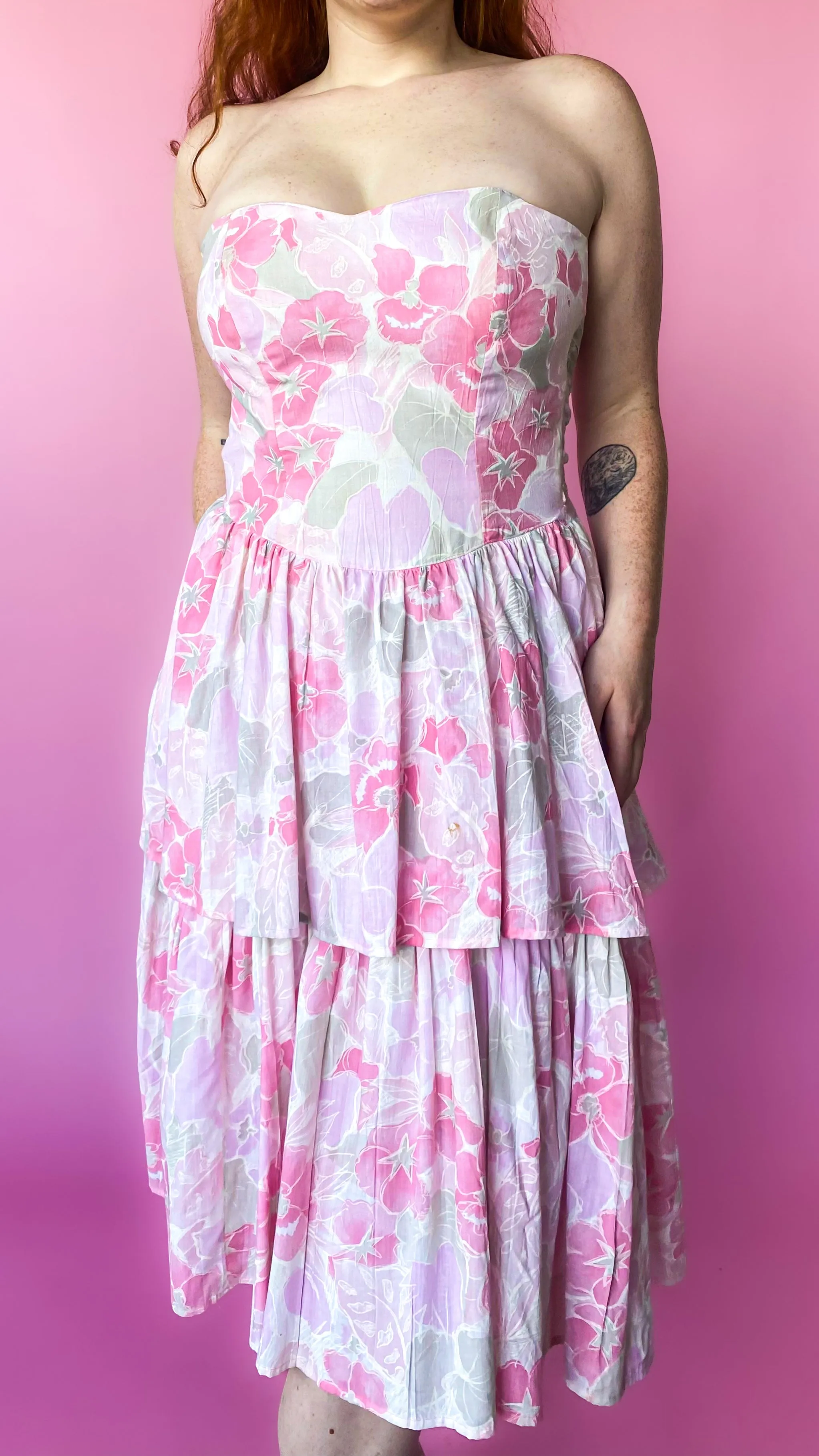 1980s Pink Sweetheart Floral Dress, sz. S/M