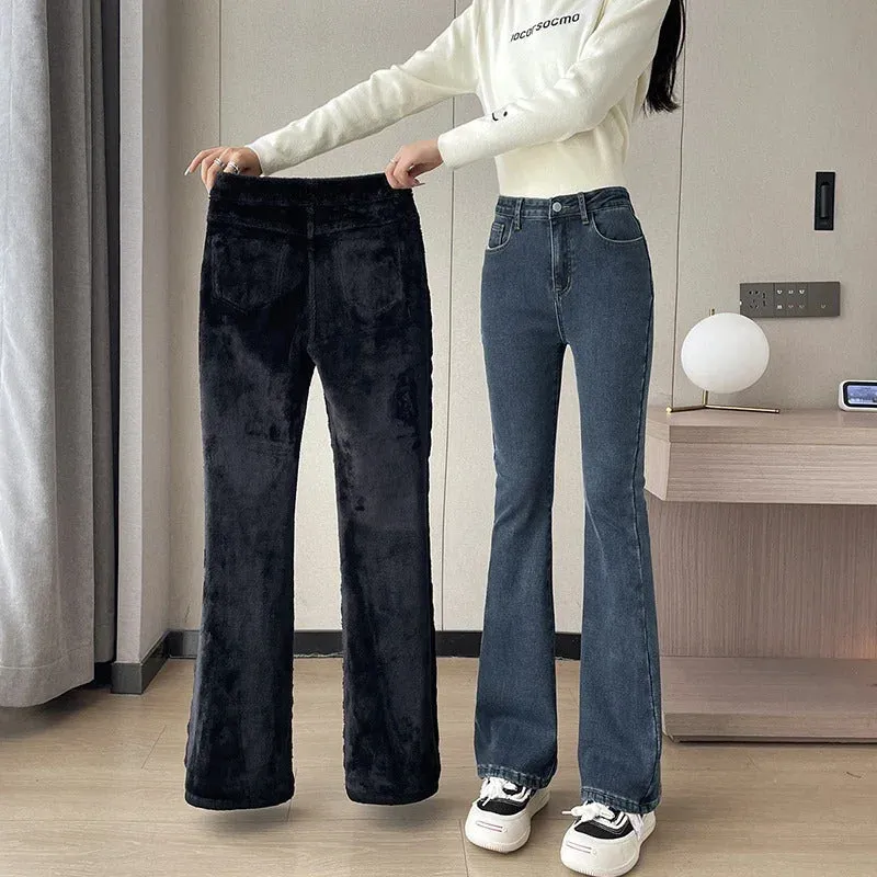 2023 Fashion New Women Warm Plush Flared Jeans Thermal Fleece Loose Denim Pants Female High Waist Urban Straight Flare Trouser