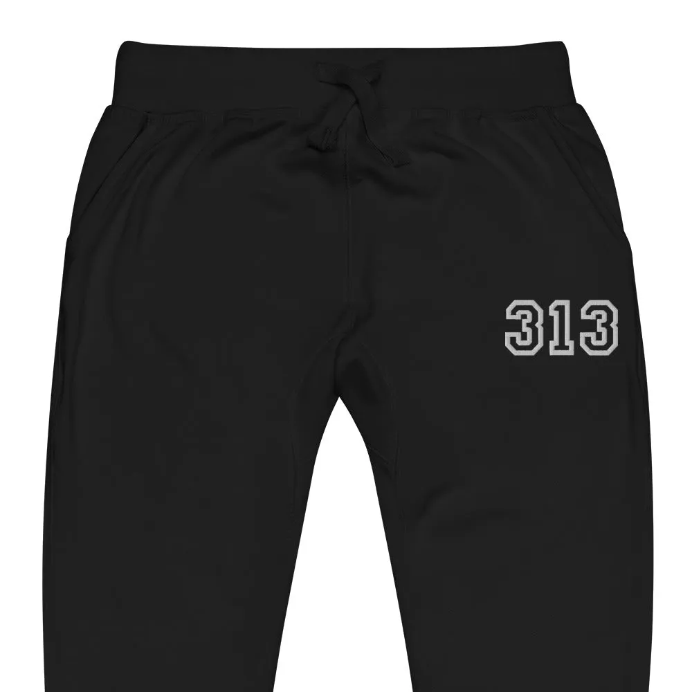 313 Premium Embroidered Unisex Fleece Sweatpants - Black / White