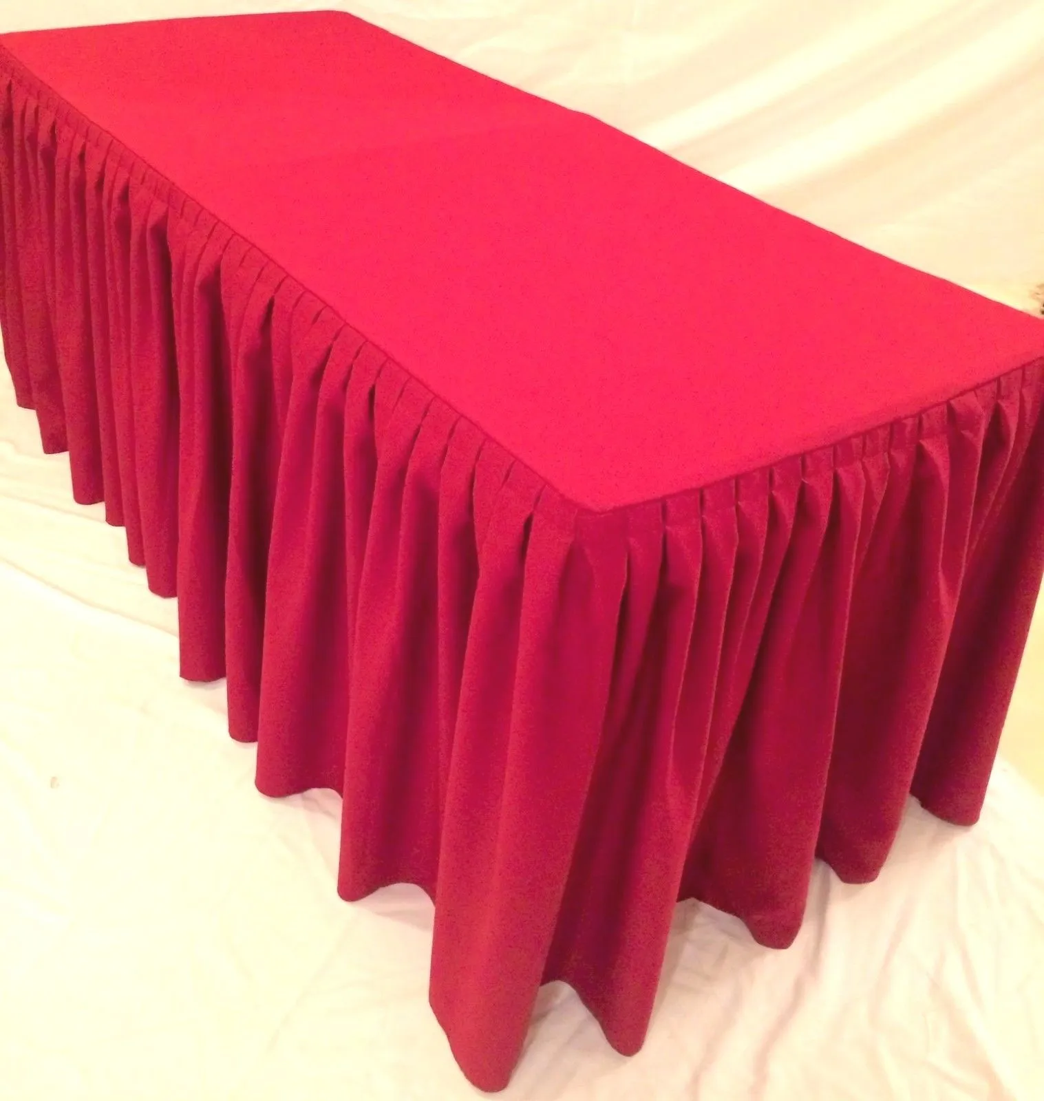 4' Ft. Fitted Polyester Double Pleated Table Skirt Cover W/top Topper Events Red"