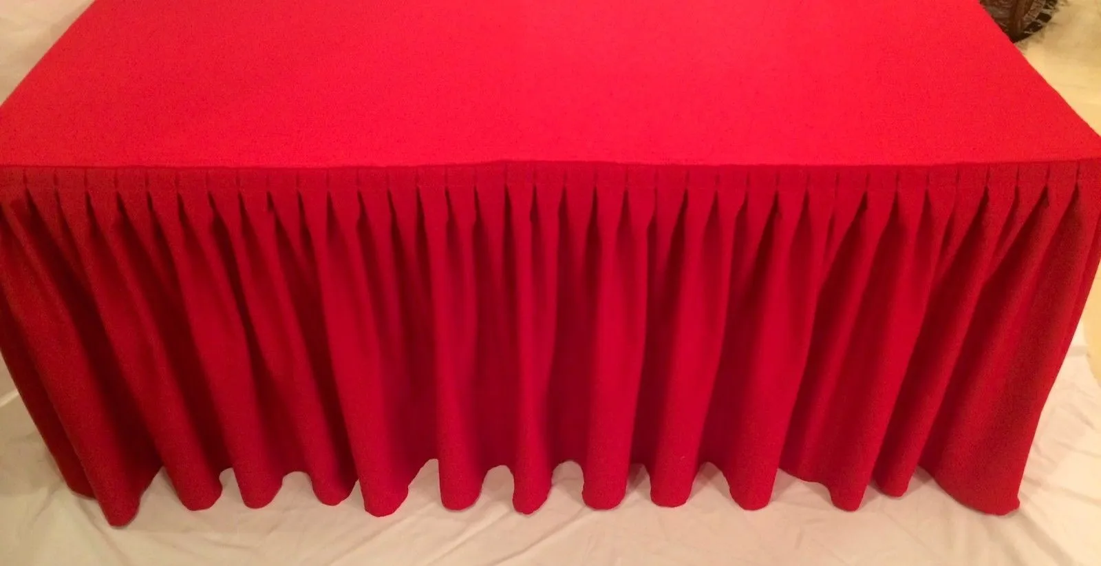 4' Ft. Fitted Polyester Double Pleated Table Skirt Cover W/top Topper Events Red"