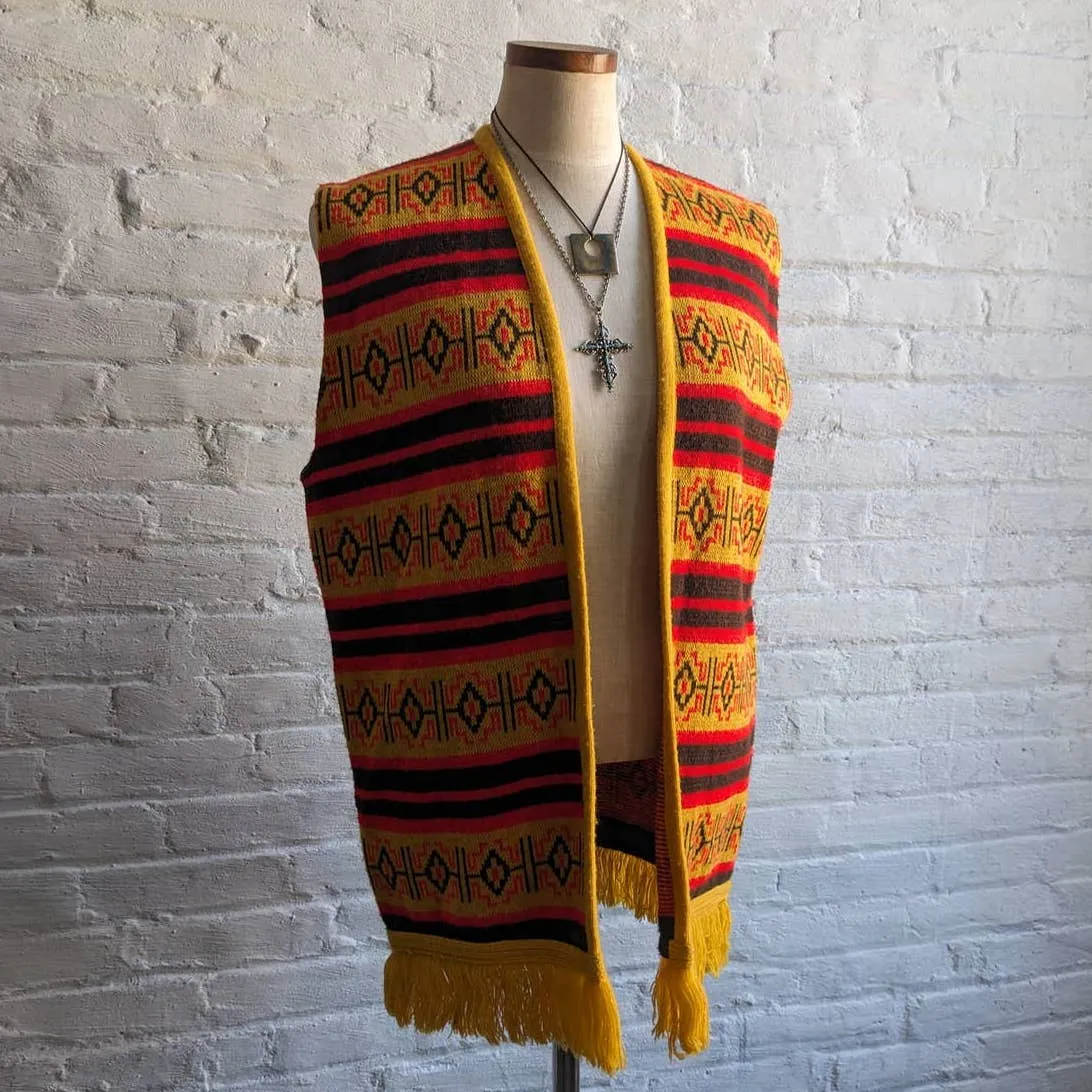 70s Vintage Woven Southwest Blanket Poncho Handmade Hippie Fringe Trippy Vest