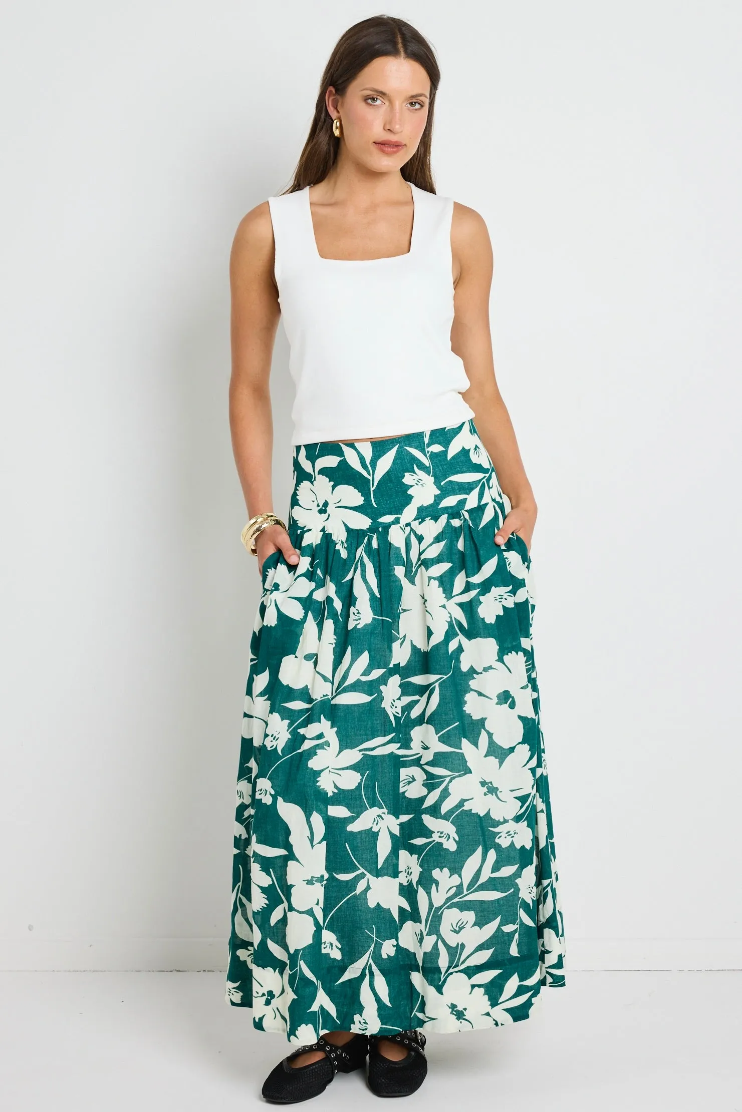 Affinity Forest Floral Shirred Back Tiered Maxi Skirt