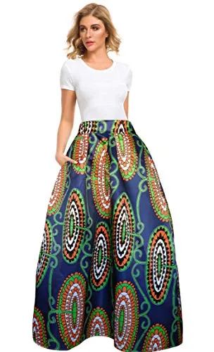 Afibi Women African Printed Casual Maxi Skirt Flared Skirt A Line Long Skirts with Pockets (Medium, Pattern 2)