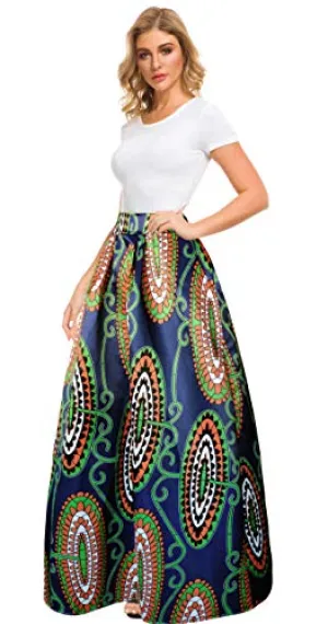 Afibi Women African Printed Casual Maxi Skirt Flared Skirt A Line Long Skirts with Pockets (Medium, Pattern 2)