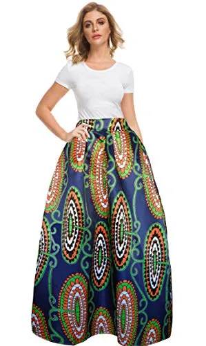 Afibi Women African Printed Casual Maxi Skirt Flared Skirt A Line Long Skirts with Pockets (Medium, Pattern 2)