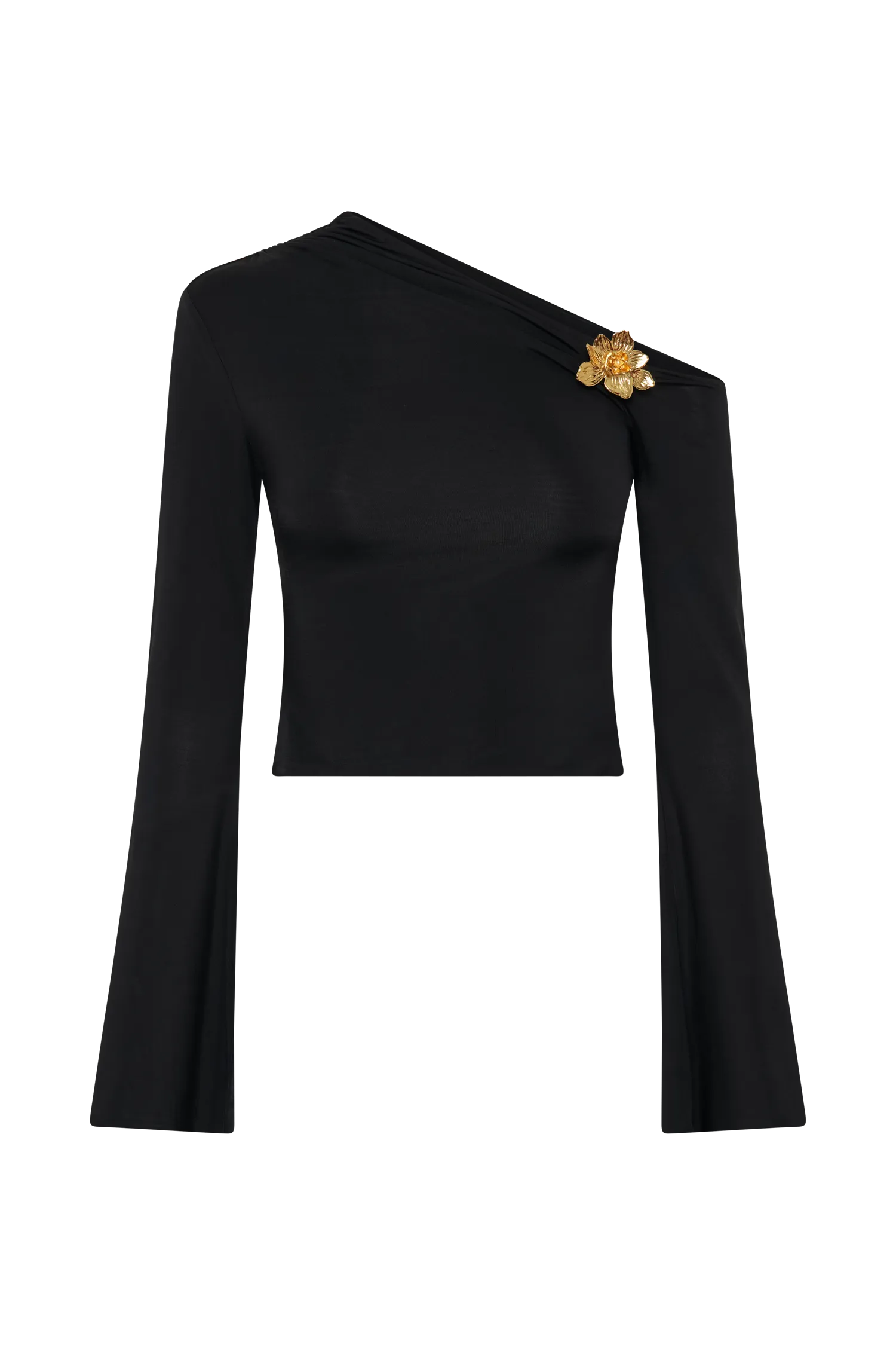 Ainsley Asymmetrical Long Sleeve Top With Floral Hardware - Black