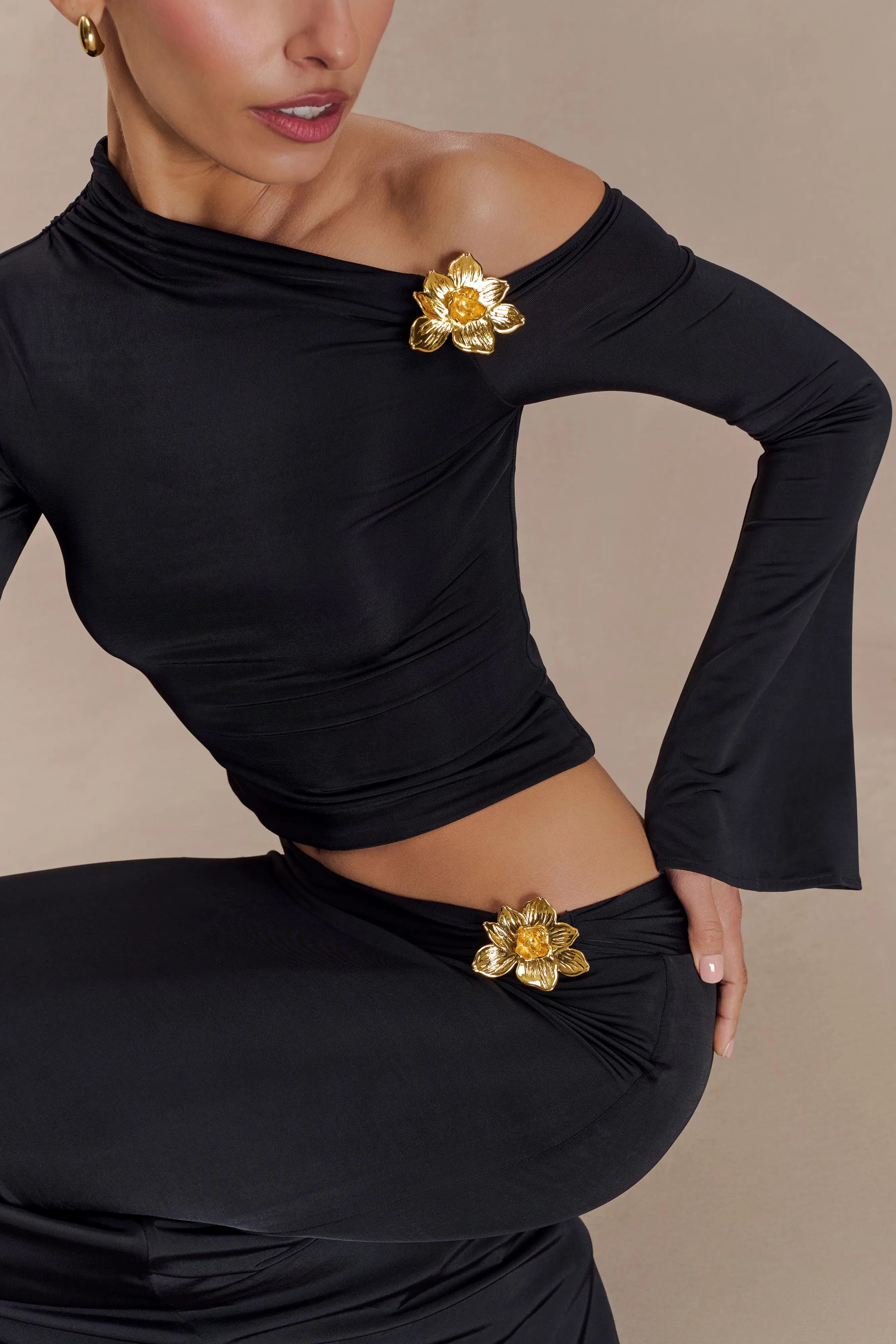 Ainsley Asymmetrical Long Sleeve Top With Floral Hardware - Black