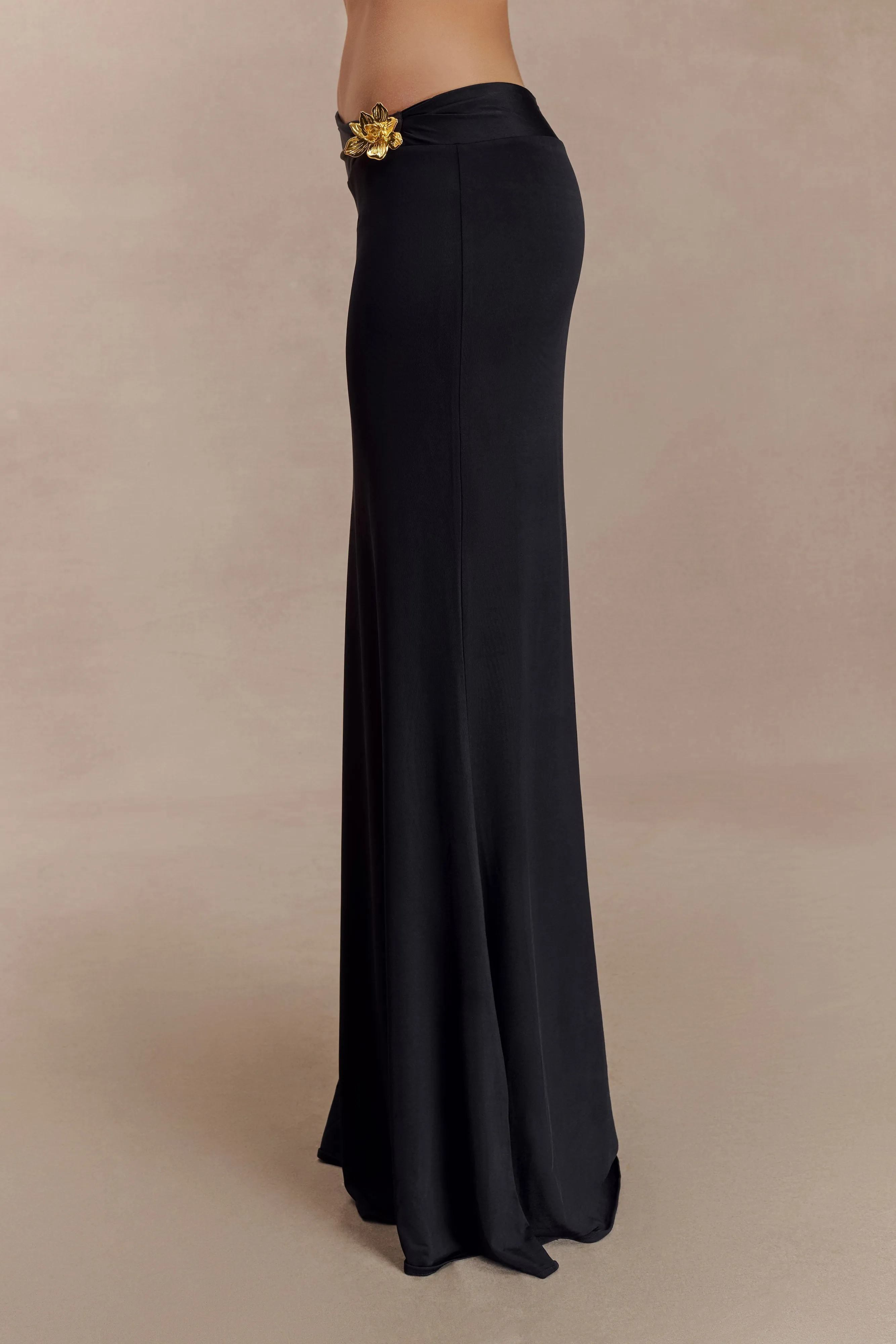 Ainsley Asymmetrical Maxi Skirt With Floral Hardware - Black