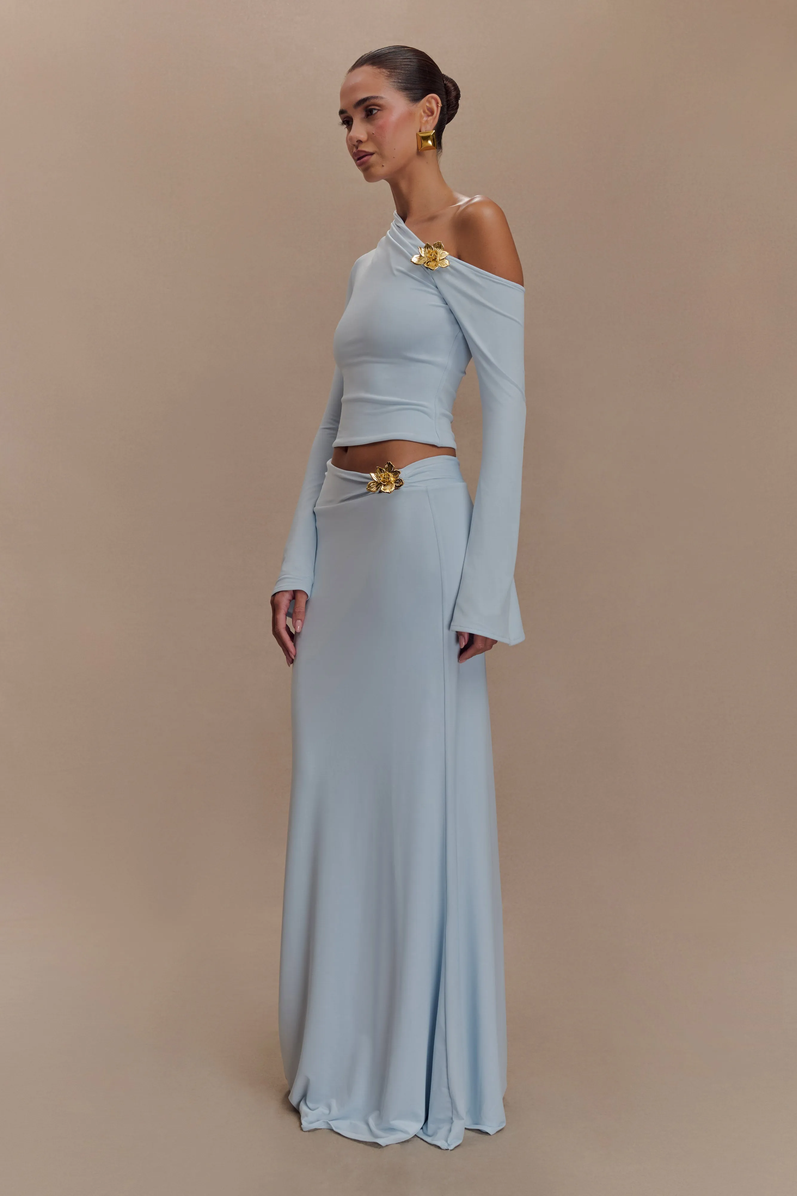 Ainsley Asymmetrical Maxi Skirt With Floral Hardware - Pale Blue