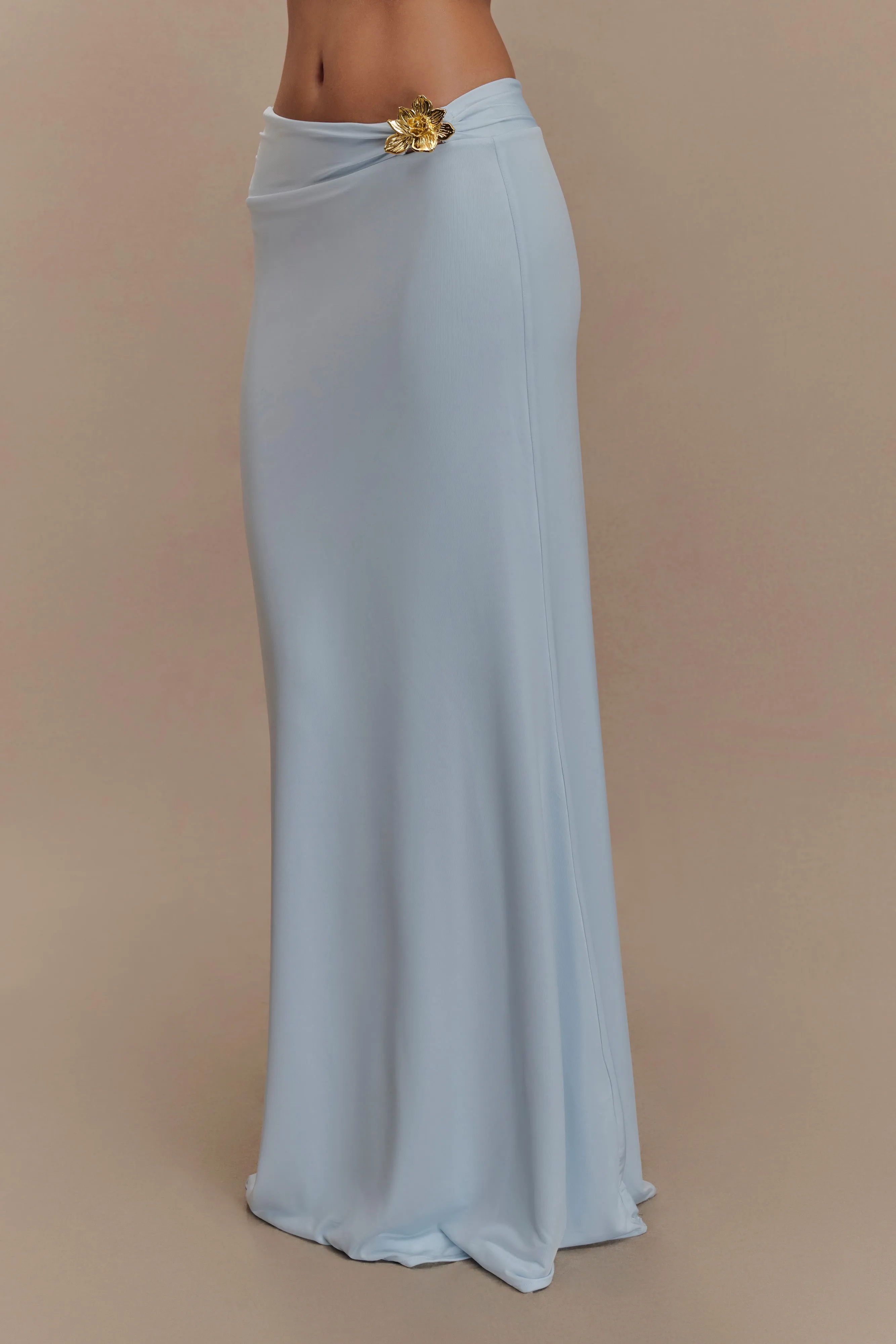 Ainsley Asymmetrical Maxi Skirt With Floral Hardware - Pale Blue