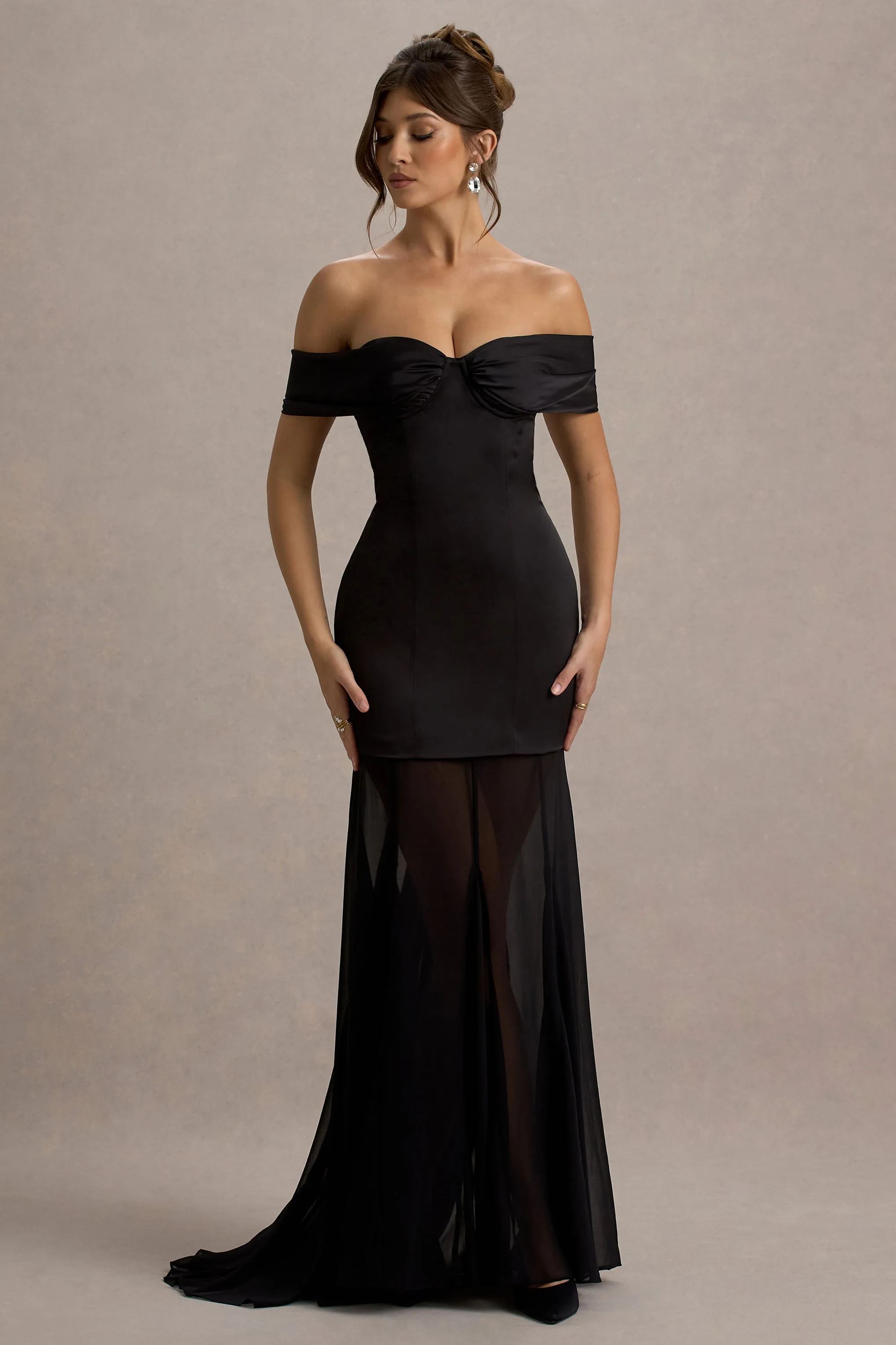 Anders | Black Satin Bardot Maxi Dress With Sheer Skirt