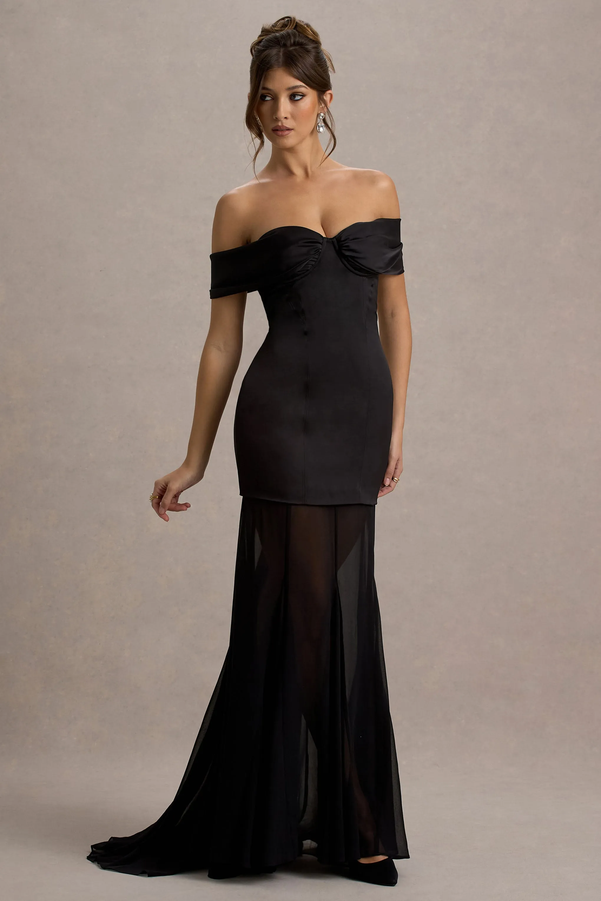 Anders | Black Satin Bardot Maxi Dress With Sheer Skirt