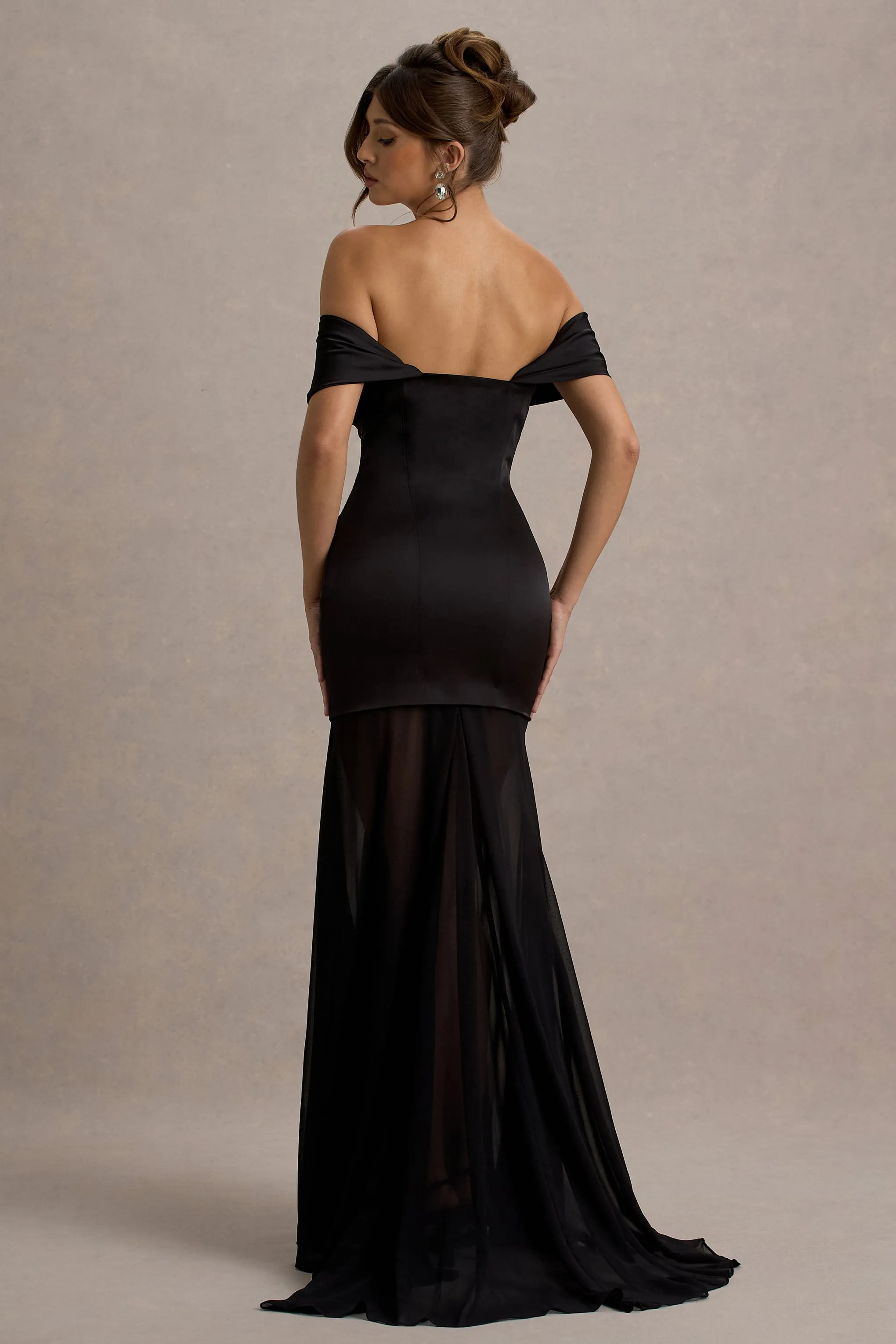 Anders | Black Satin Bardot Maxi Dress With Sheer Skirt