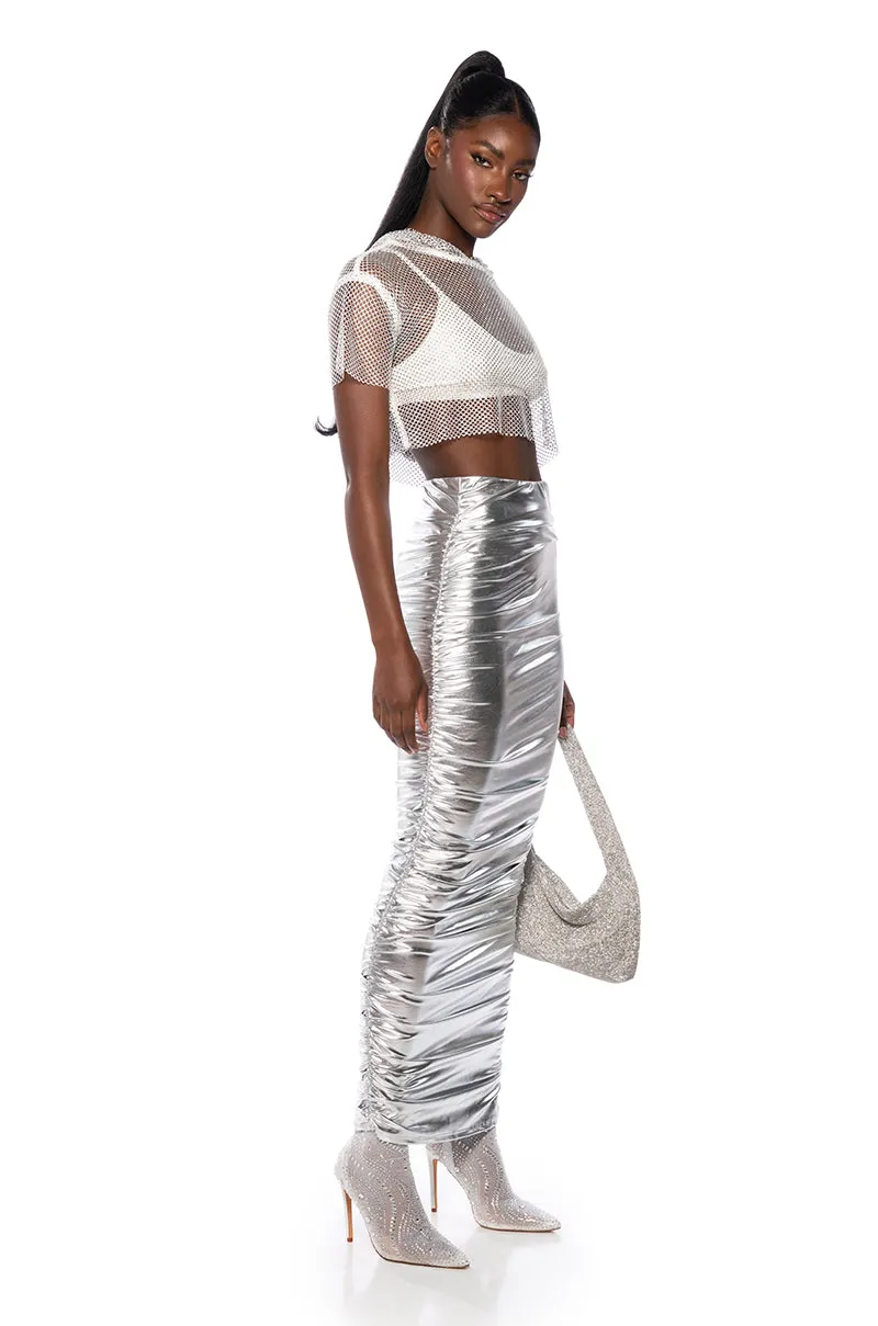 ANGEL ENERGY METALLIC MIDI SKIRT IN SILVER