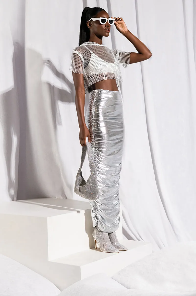 ANGEL ENERGY METALLIC MIDI SKIRT IN SILVER