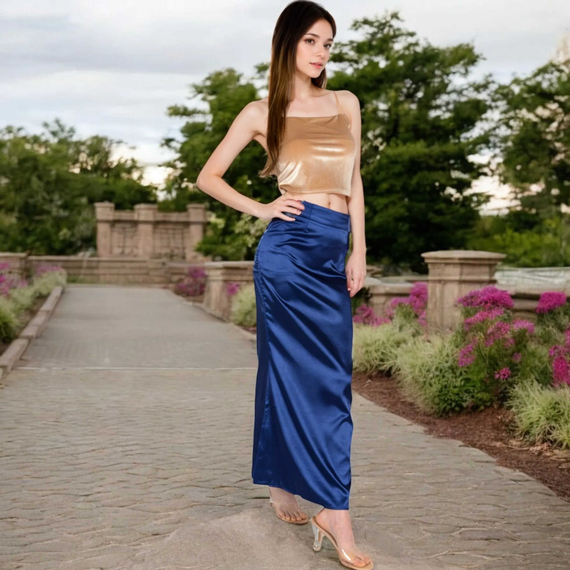 Anna-Kaci Women's High-Waisted Satin Maxi Skirt