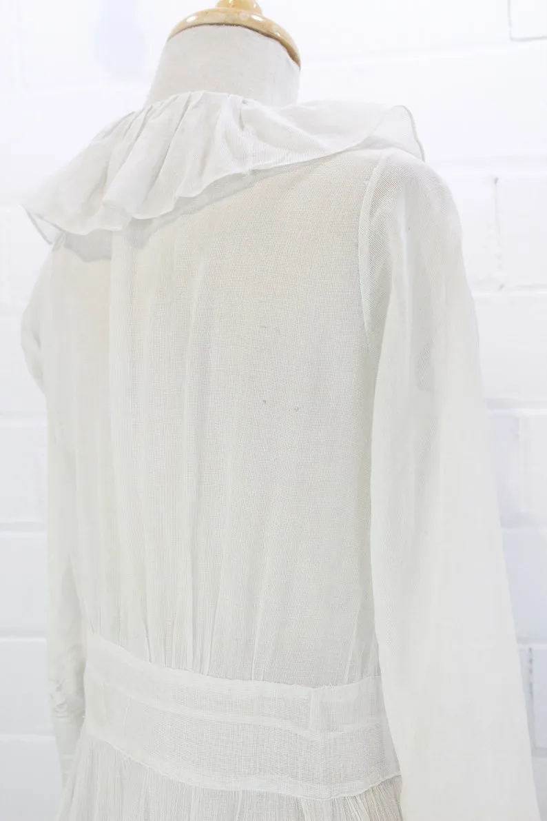 Antique Edwardian White Cotton Dress with Ruffle Collar, Small