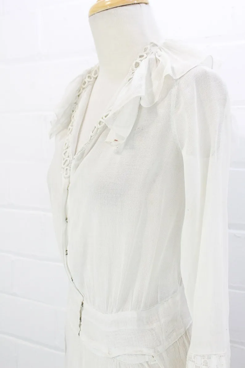 Antique Edwardian White Cotton Dress with Ruffle Collar, Small