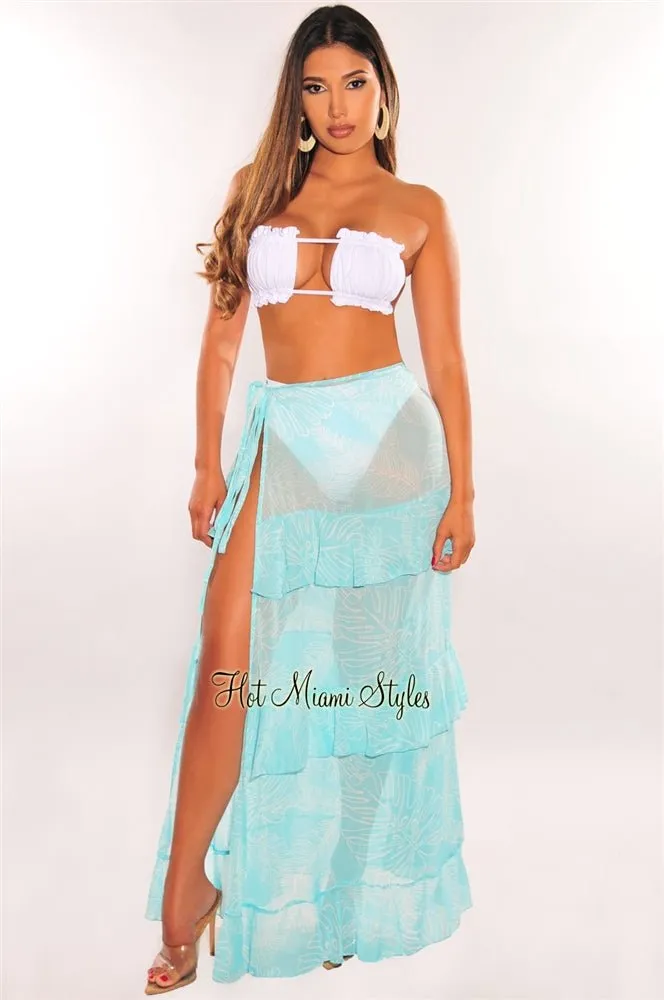 Aqua White Palm Print Tie Up Ruffle Maxi Skirt Cover Up