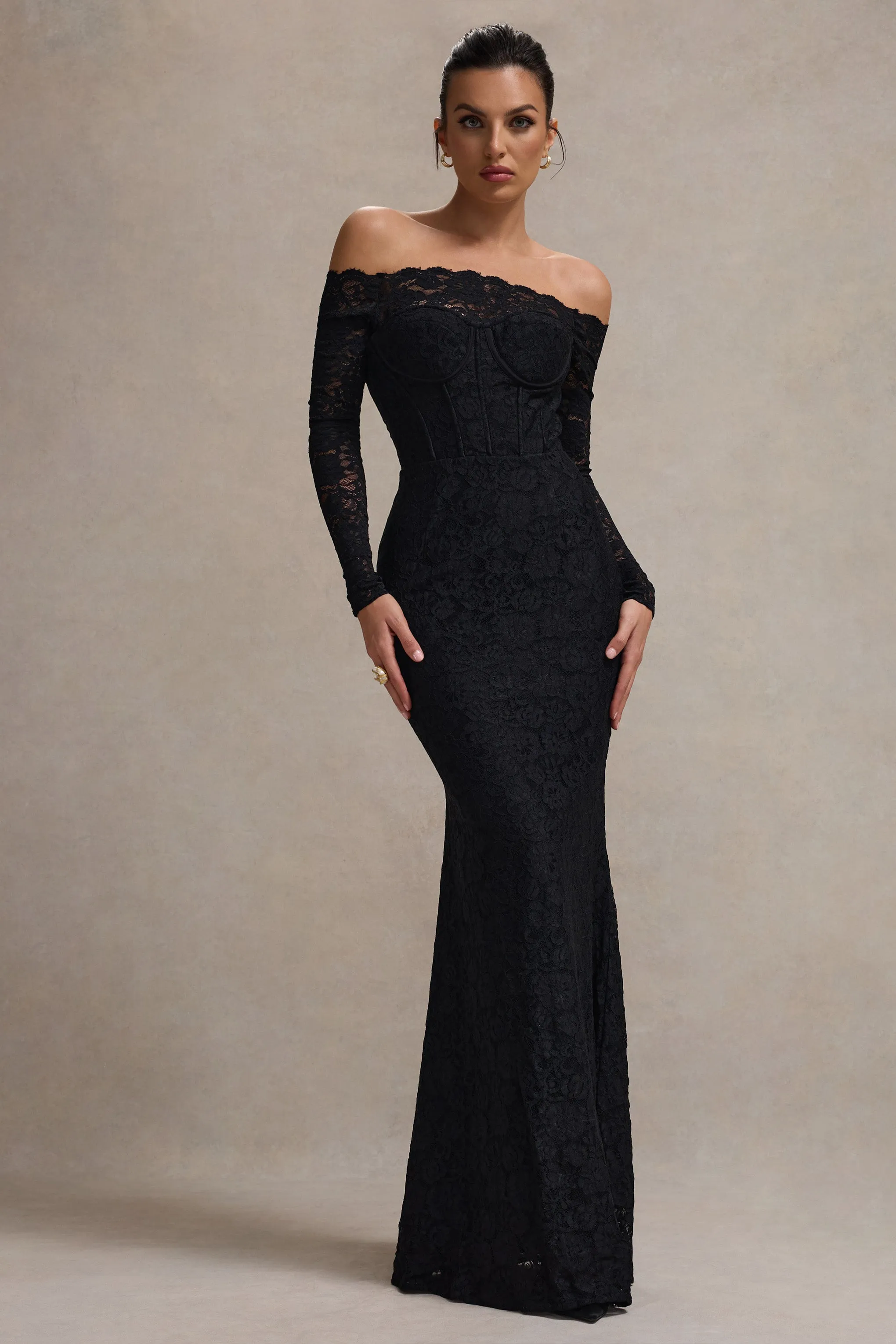 Astoria | Black Lace Bardot Maxi Dress With Chiffon Skirt