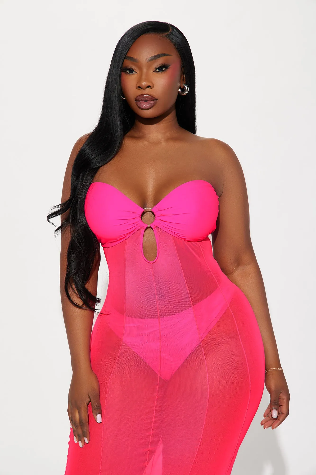 Avalon 2 Piece Mesh Cover Up Maxi Dress Set - Hot Pink