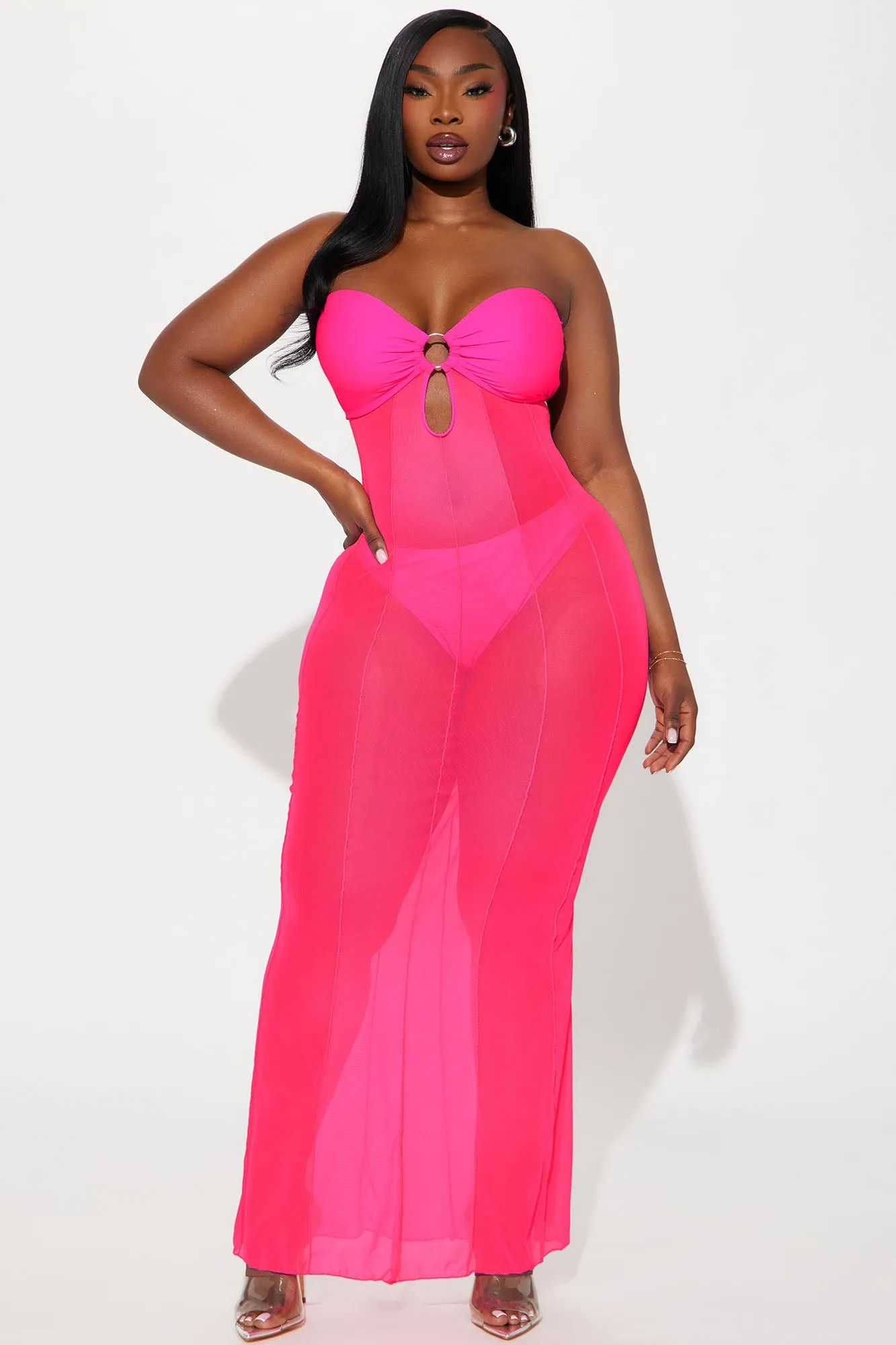 Avalon 2 Piece Mesh Cover Up Maxi Dress Set - Hot Pink