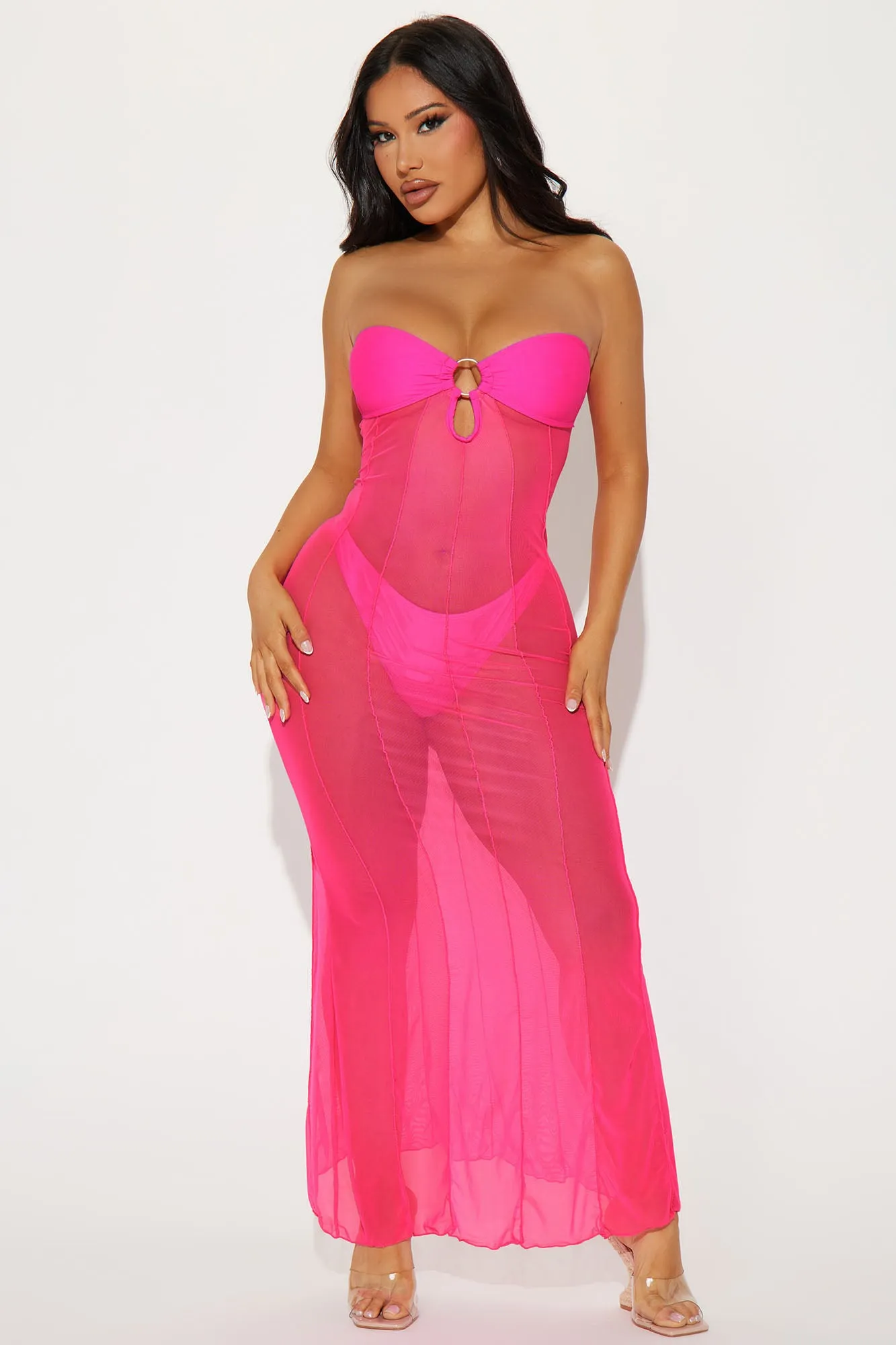 Avalon 2 Piece Mesh Cover Up Maxi Dress Set - Hot Pink