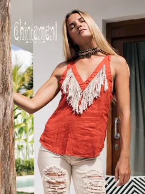 Backless Linen Boho Top with Fringes / Red Ochre