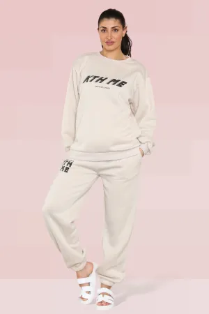 Beige Casual KTH ME Print Loose Sweatshirt & Elastic Waist Sweatpants Co-ord