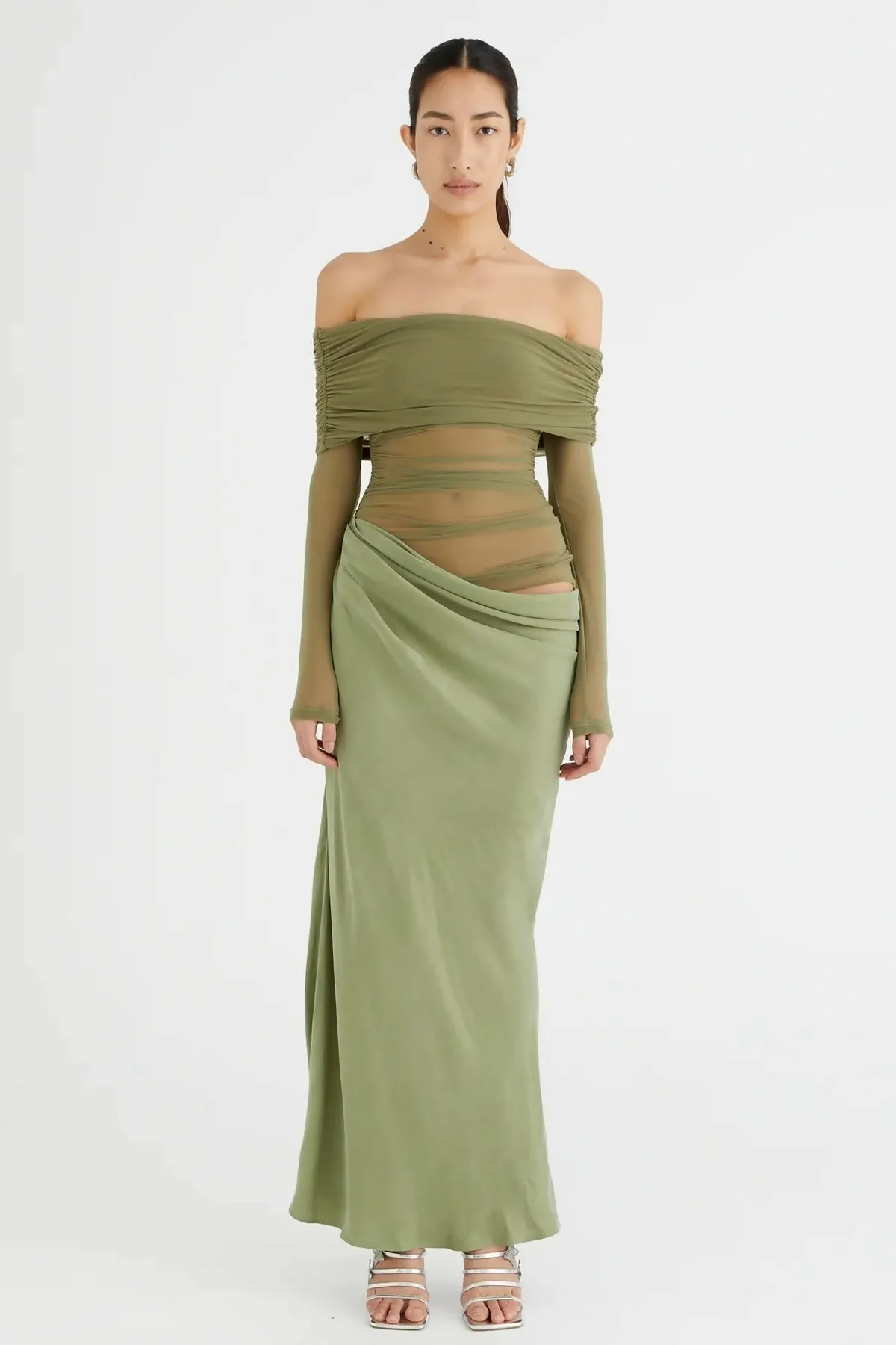 Benni Yasmin Off Shoulder Pistachio Maxi Dress