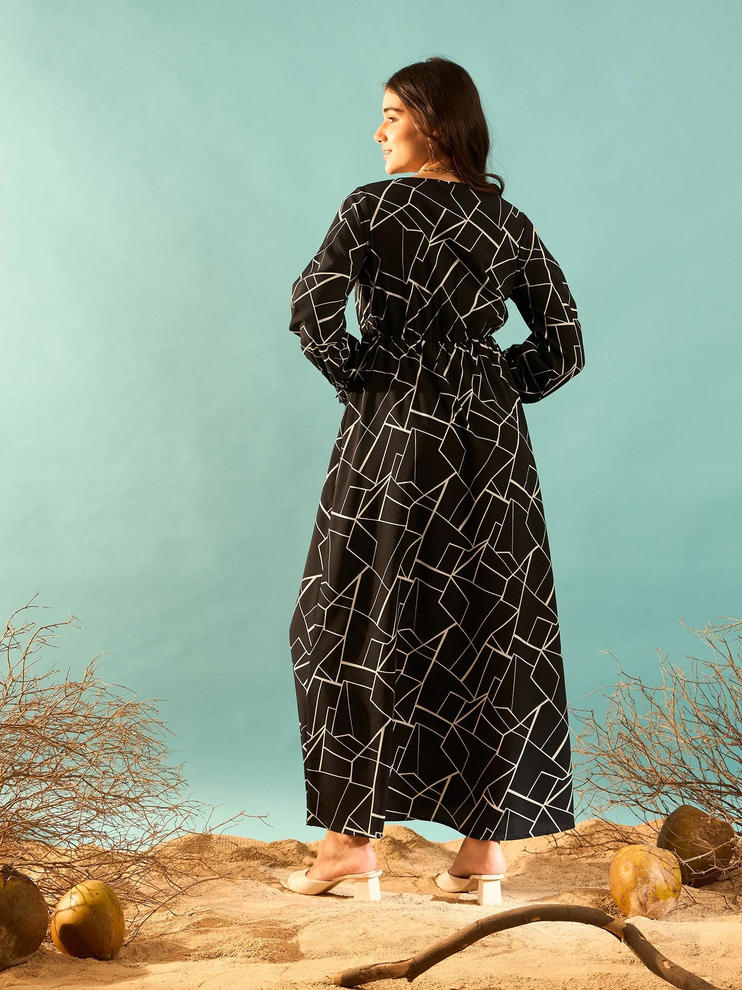 Berrylush Women Black & White Geometric Printed V-Neck Bishop Sleeves Flared A-Line Maxi Dress