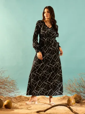 Berrylush Women Black & White Geometric Printed V-Neck Bishop Sleeves Flared A-Line Maxi Dress