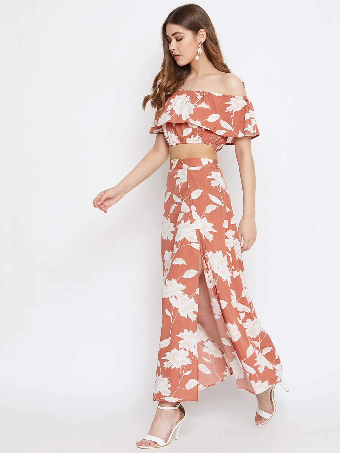 Berrylush Women Brown Floral Printed Off-Shoulder Co-Ordinate Maxi Dress