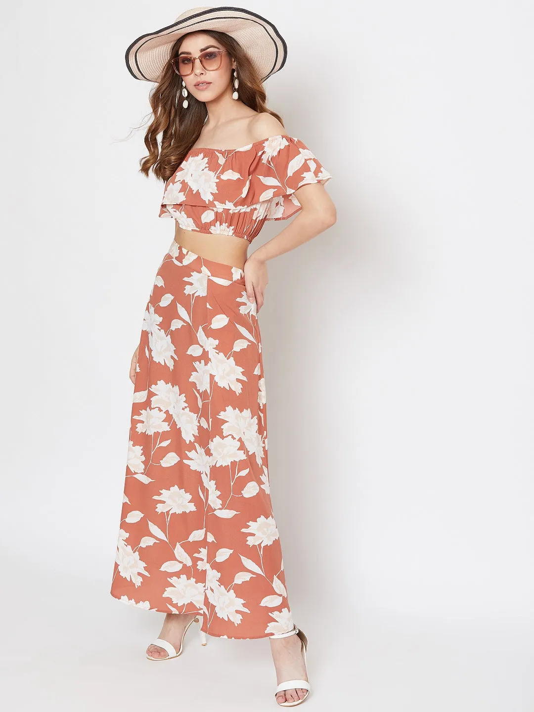 Berrylush Women Brown Floral Printed Off-Shoulder Co-Ordinate Maxi Dress