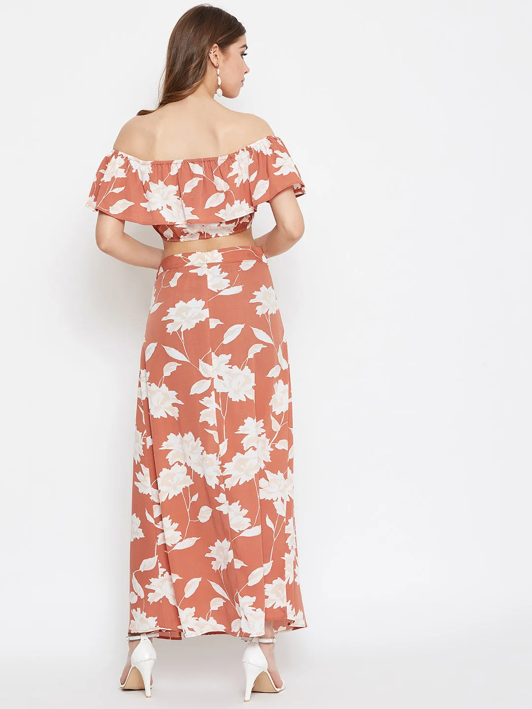 Berrylush Women Brown Floral Printed Off-Shoulder Co-Ordinate Maxi Dress